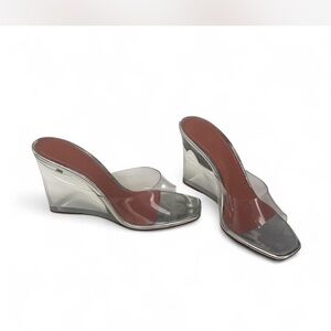 Amina Muaddi Silver and Brown Wedges